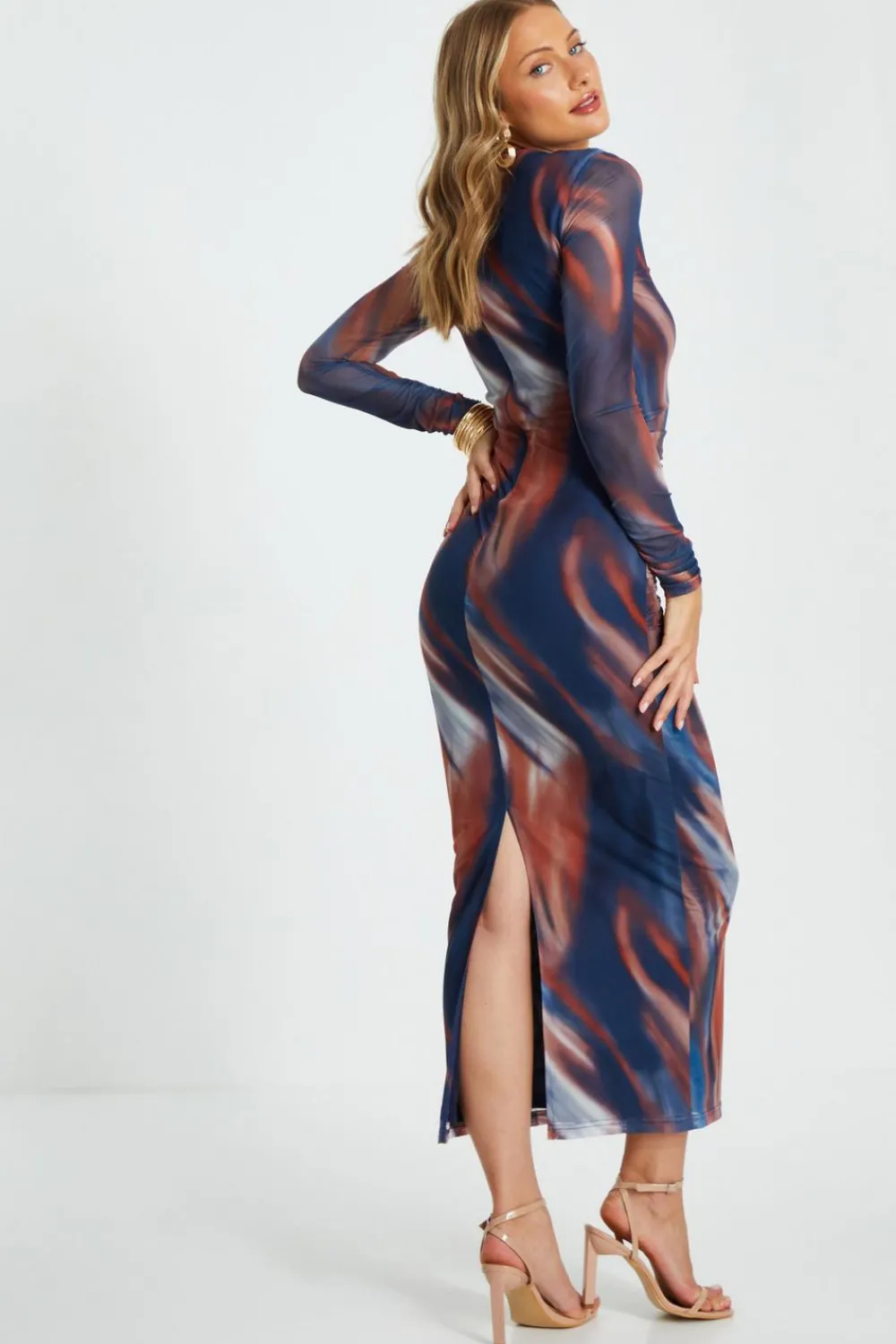 Quiz Maxi Dresses|Going Out Dresses>Blue Marble Print Mesh Midaxi Dress