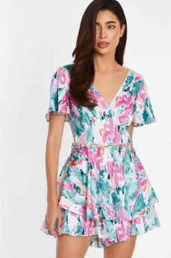 Quiz Playsuits|Playsuits>Blue Marble Print Satin Playsuit