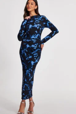 Quiz Modest|Going Out>Blue Marble Ruched Midi Dress