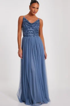 Quiz Prom Dresses|Evening Dresses>Blue Mesh Beaded Maxi Dress