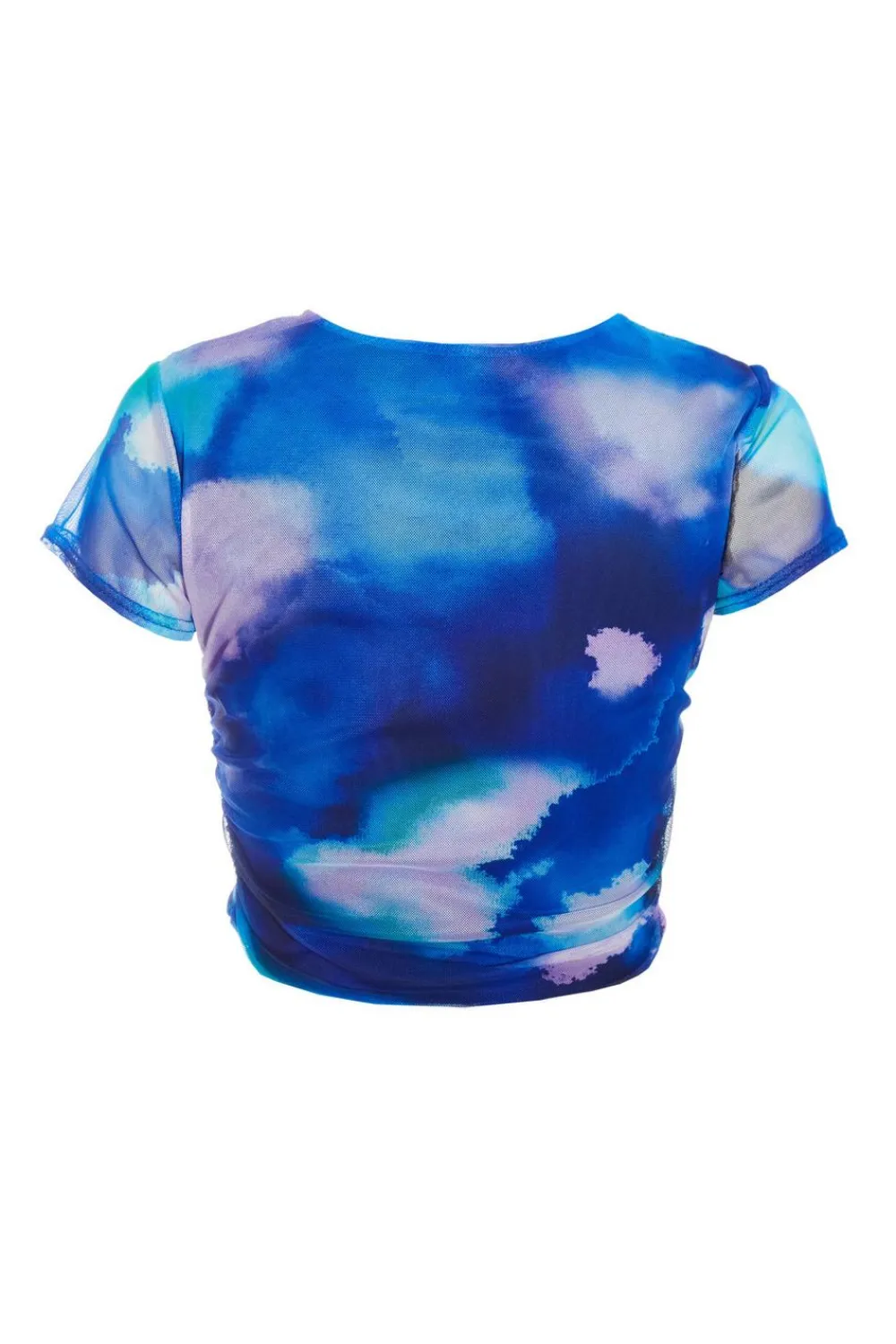 Quiz Summer Tops|Crop Tops>Blue Mesh Tie Dye Print Crop Top