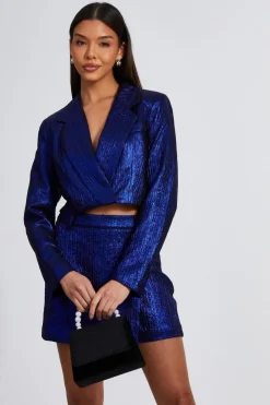 Quiz Co-Ords|Blazers>Blue Metallic Cropped Blazer