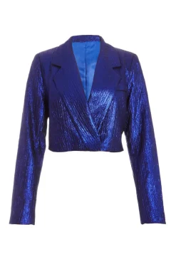 Quiz Co-Ords|Blazers>Blue Metallic Cropped Blazer