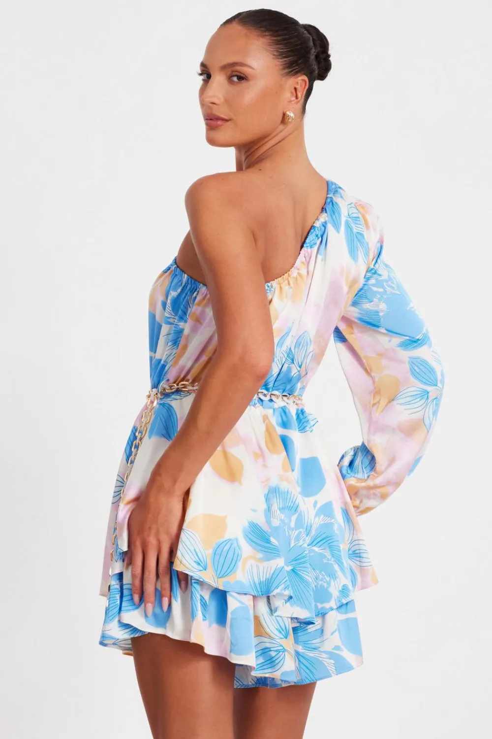 Quiz Playsuits|Summer Clothes>Blue One shoulder Floral Playsuit