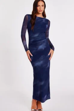 Quiz Going Out|Dresses>Blue Printed Long Sleeve Midaxi Dress