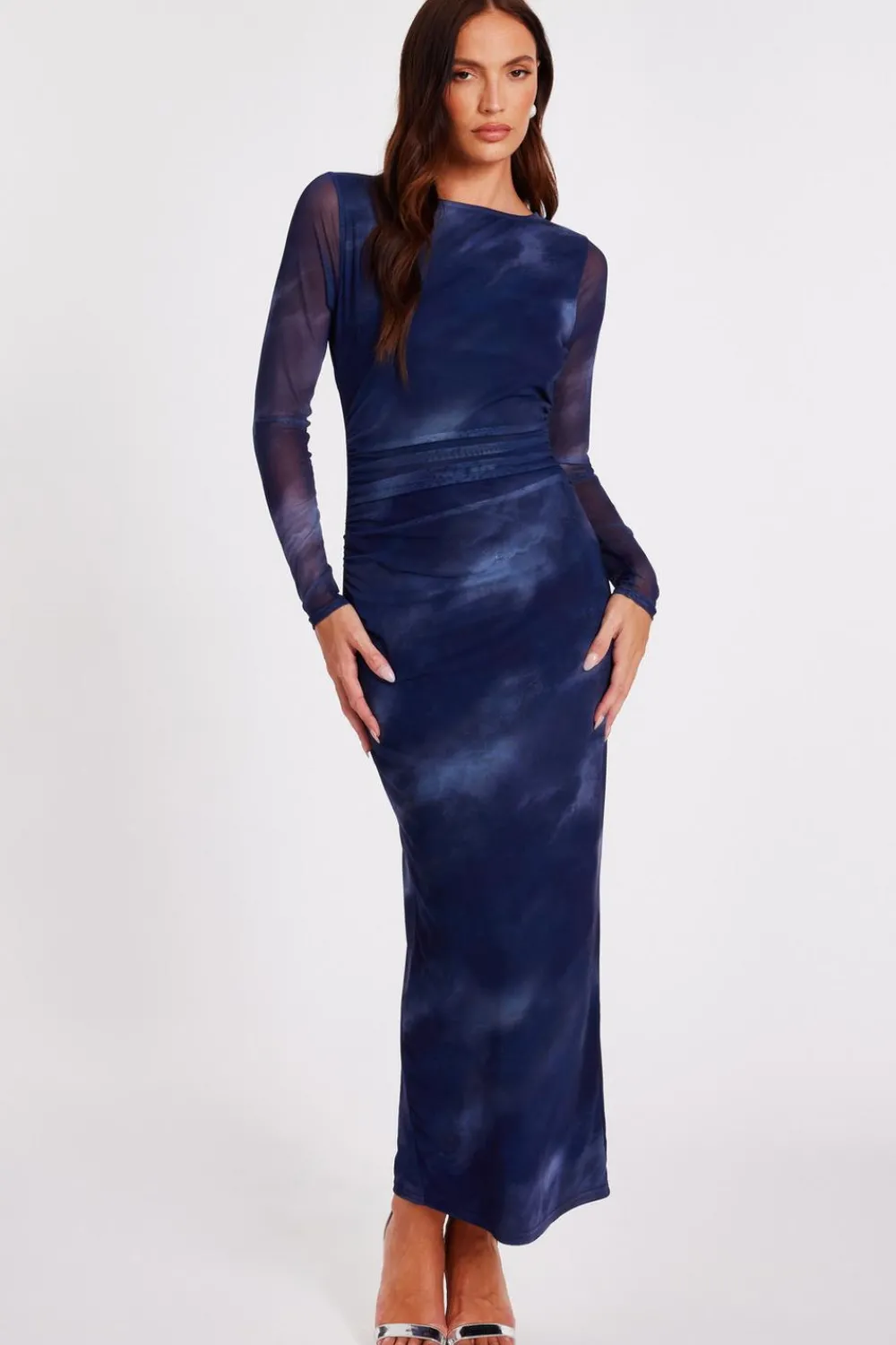 Quiz Going Out|Dresses>Blue Printed Long Sleeve Midaxi Dress
