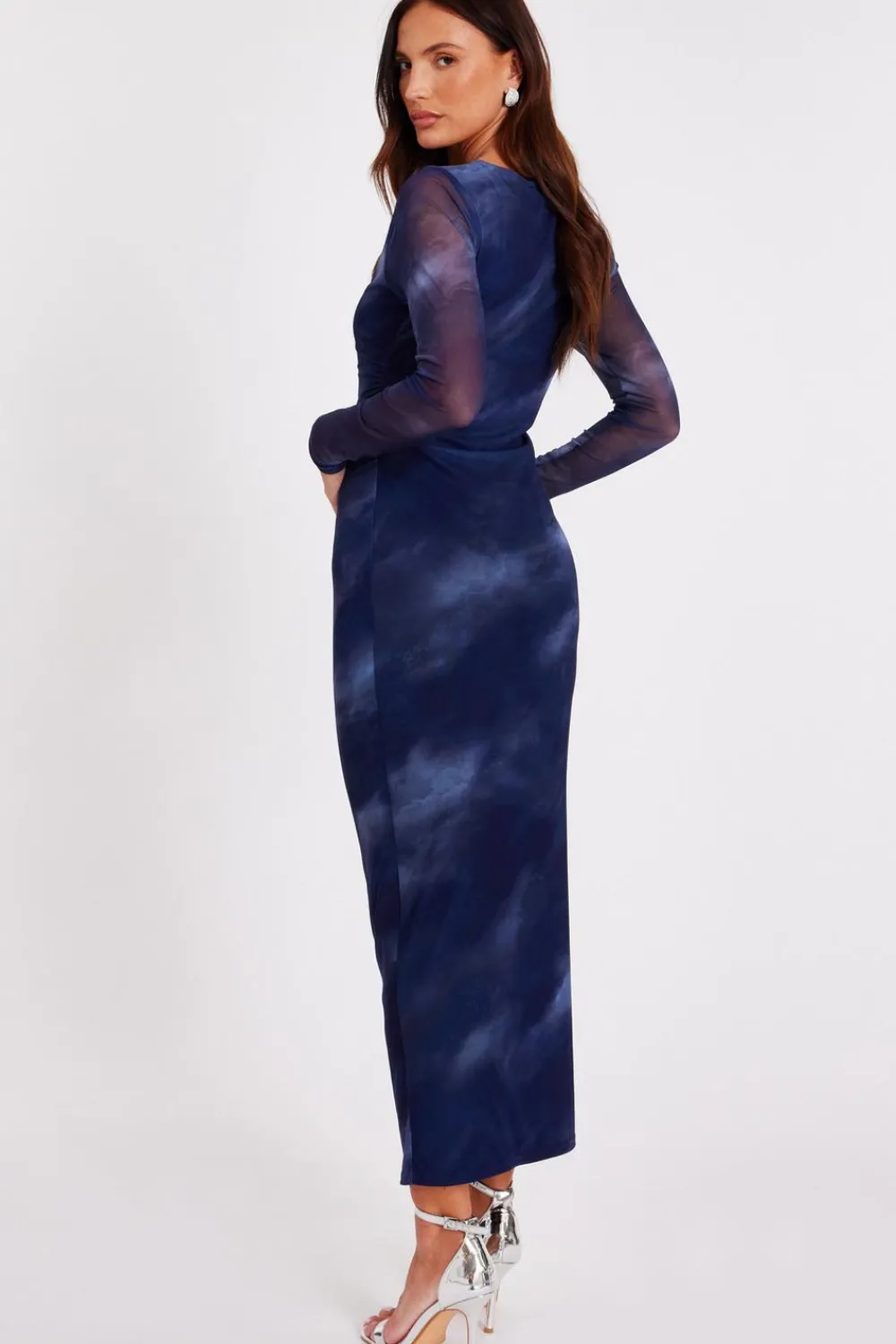 Quiz Going Out|Dresses>Blue Printed Long Sleeve Midaxi Dress