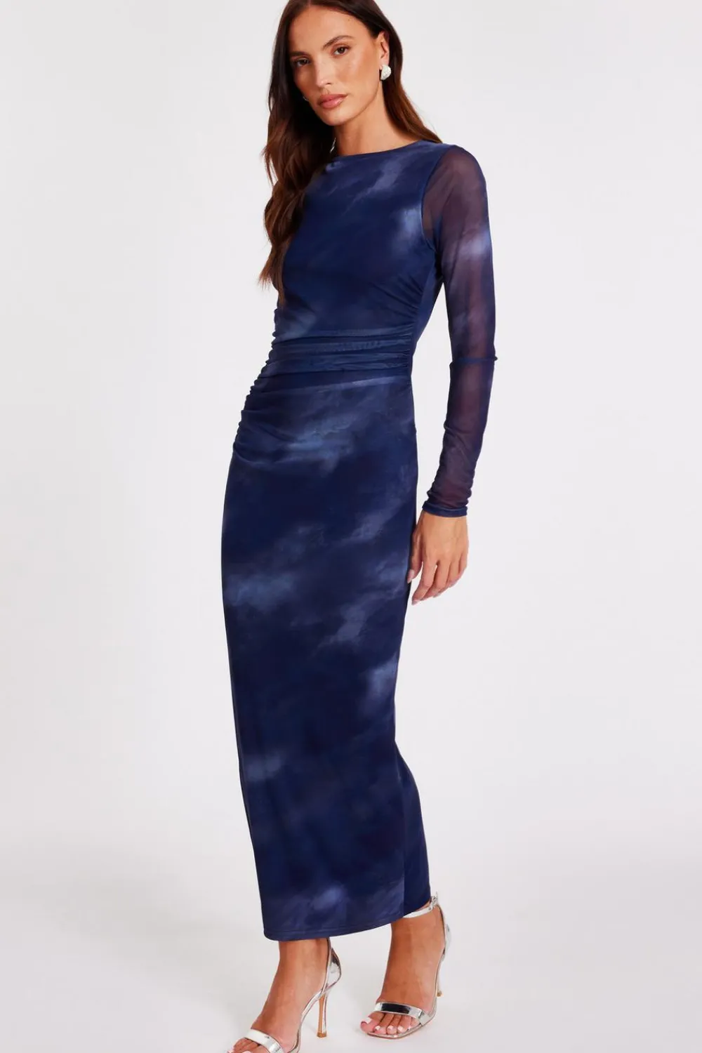 Quiz Going Out|Dresses>Blue Printed Long Sleeve Midaxi Dress
