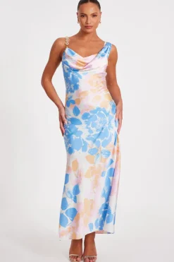 Quiz Day At The Races|Summer Clothes>Blue Satin Floral Midaxi Dress