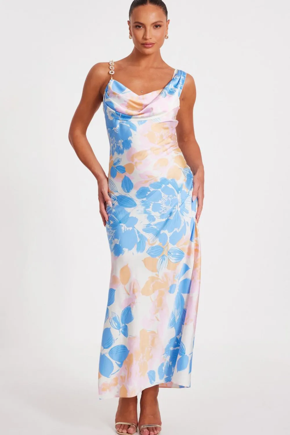 Quiz Day At The Races|Summer Clothes>Blue Satin Floral Midaxi Dress