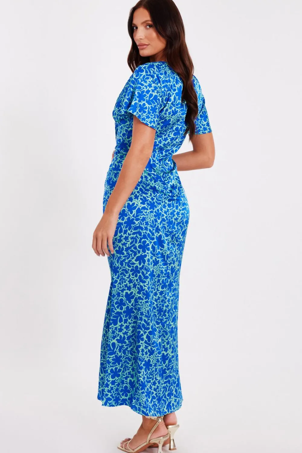 Quiz Day At The Races|Christening Guest>Blue Satin Floral Midaxi Dress