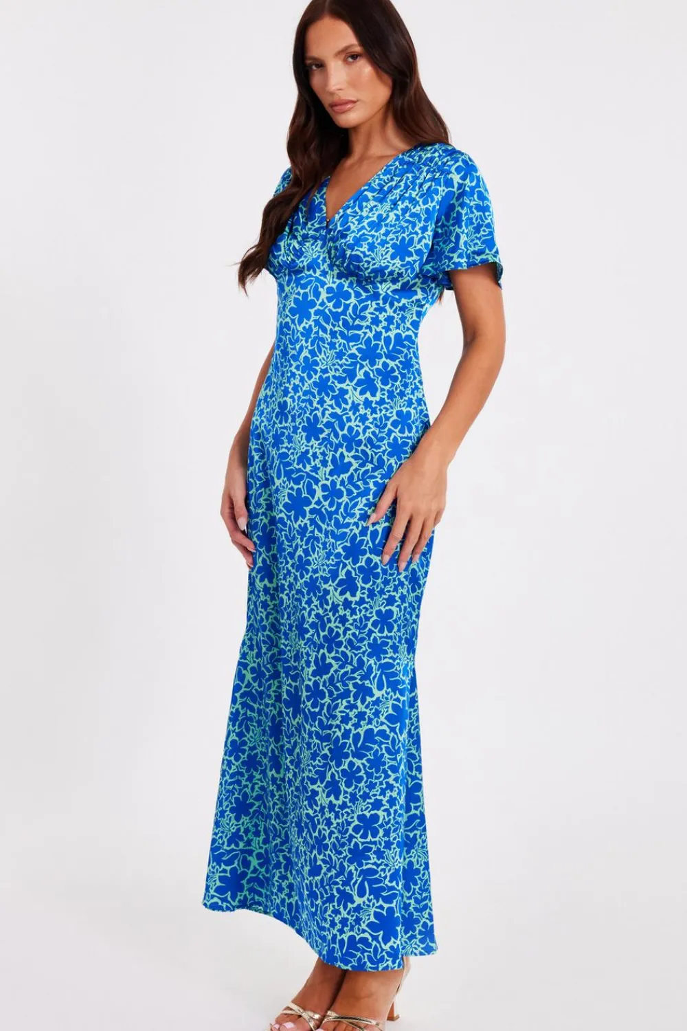 Quiz Day At The Races|Christening Guest>Blue Satin Floral Midaxi Dress