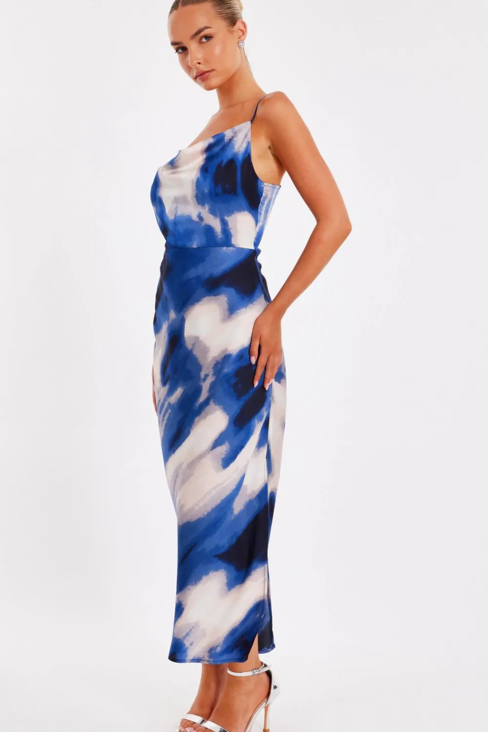 Quiz Day At The Races|Christening Guest>Blue Satin Marble Midaxi Dress