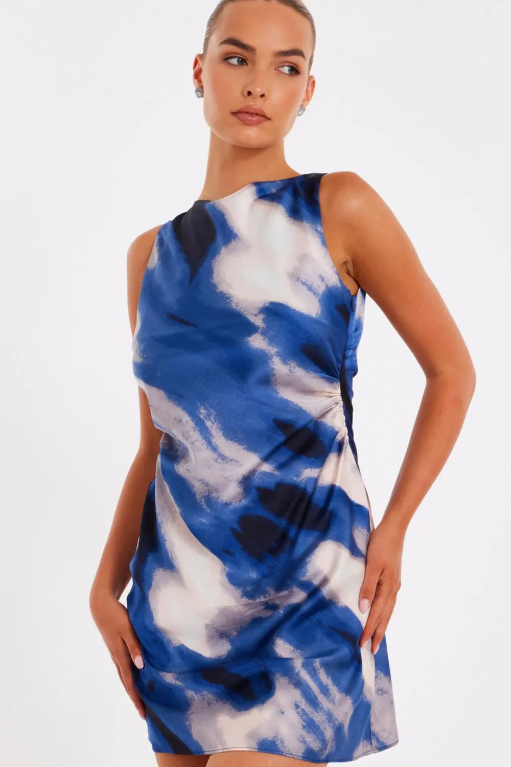 Quiz Going Out|Dresses>Blue Satin Marble Mini Dress
