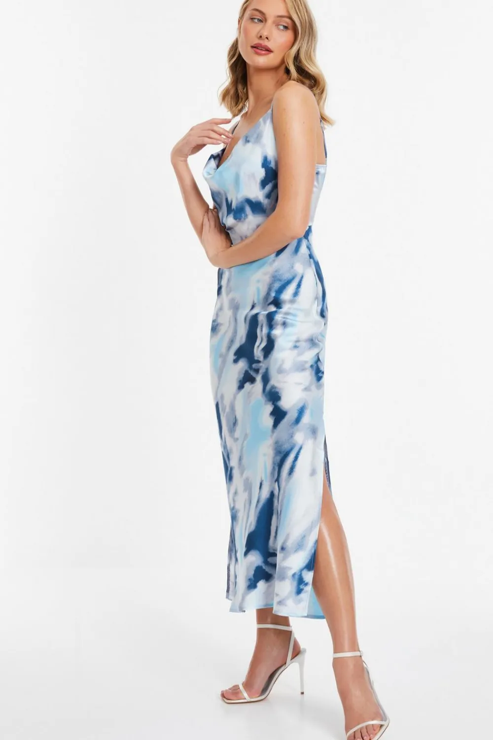 Quiz Wedding Guest Dresses|Summer Dresses>Blue Satin Marble Print Midi Dress