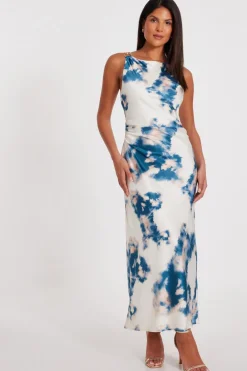 Quiz Evening Dresses|Day At The Races>Blue Satin Marble Print Midaxi Dress