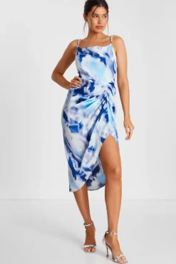 Quiz Holiday|Summer Dresses>Blue Satin Marble Print Ruched Midi Dress