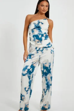 Quiz Trousers|Summer Clothes>Blue Satin Marble Print Trousers