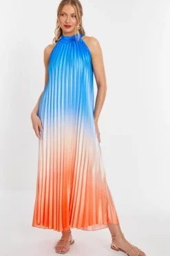 Quiz Holiday|Wedding Guest Dresses>Blue Satin Ombre Pleated Maxi Dress