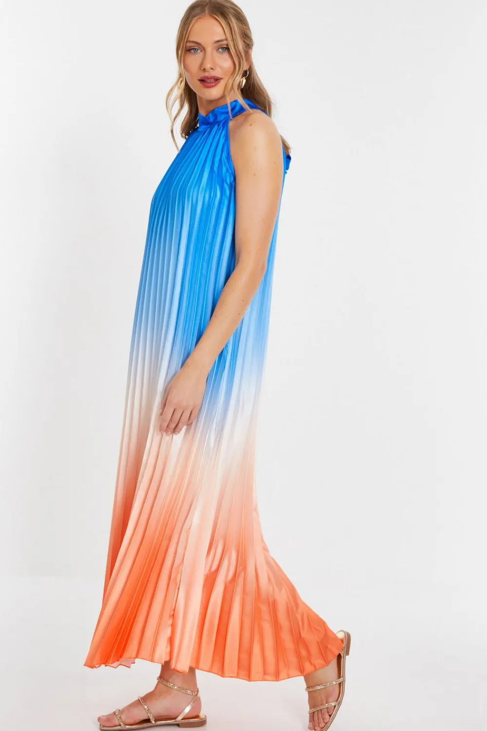 Quiz Holiday|Wedding Guest Dresses>Blue Satin Ombre Pleated Maxi Dress