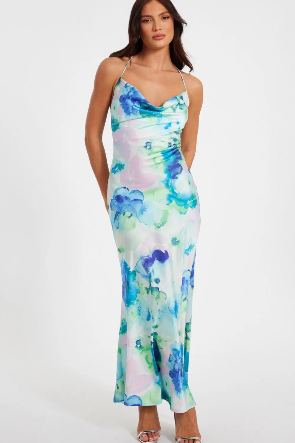Quiz Day At The Races|Christening Guest>Blue Satin Tie Dye Midaxi Dress