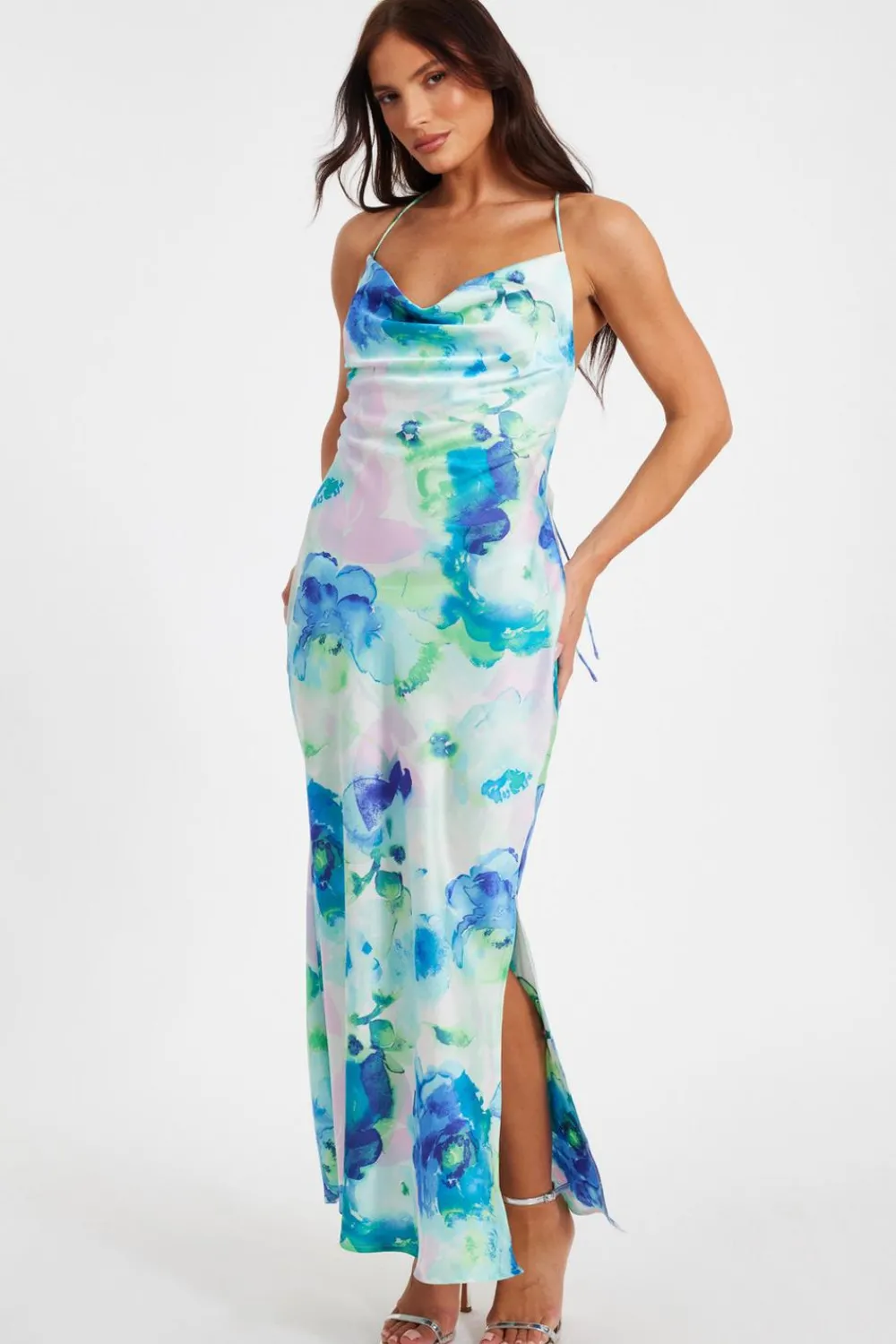 Quiz Day At The Races|Christening Guest>Blue Satin Tie Dye Midaxi Dress