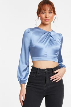 Quiz Shirts & Blouses|Going Out Tops>Blue Satin Twist Neck Crop Top