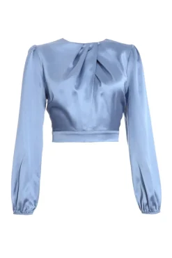 Quiz Shirts & Blouses|Going Out Tops>Blue Satin Twist Neck Crop Top