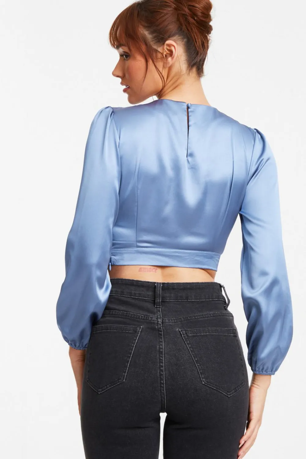 Quiz Shirts & Blouses|Going Out Tops>Blue Satin Twist Neck Crop Top