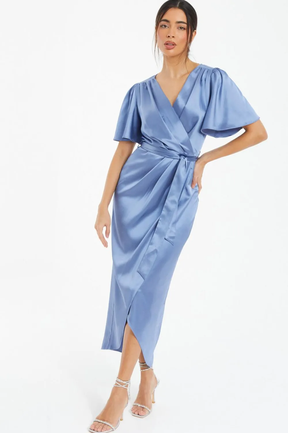 Quiz Wrap Dresses|Wedding Guest Dresses>Blue Satin Wrap Ruched Midi Dress