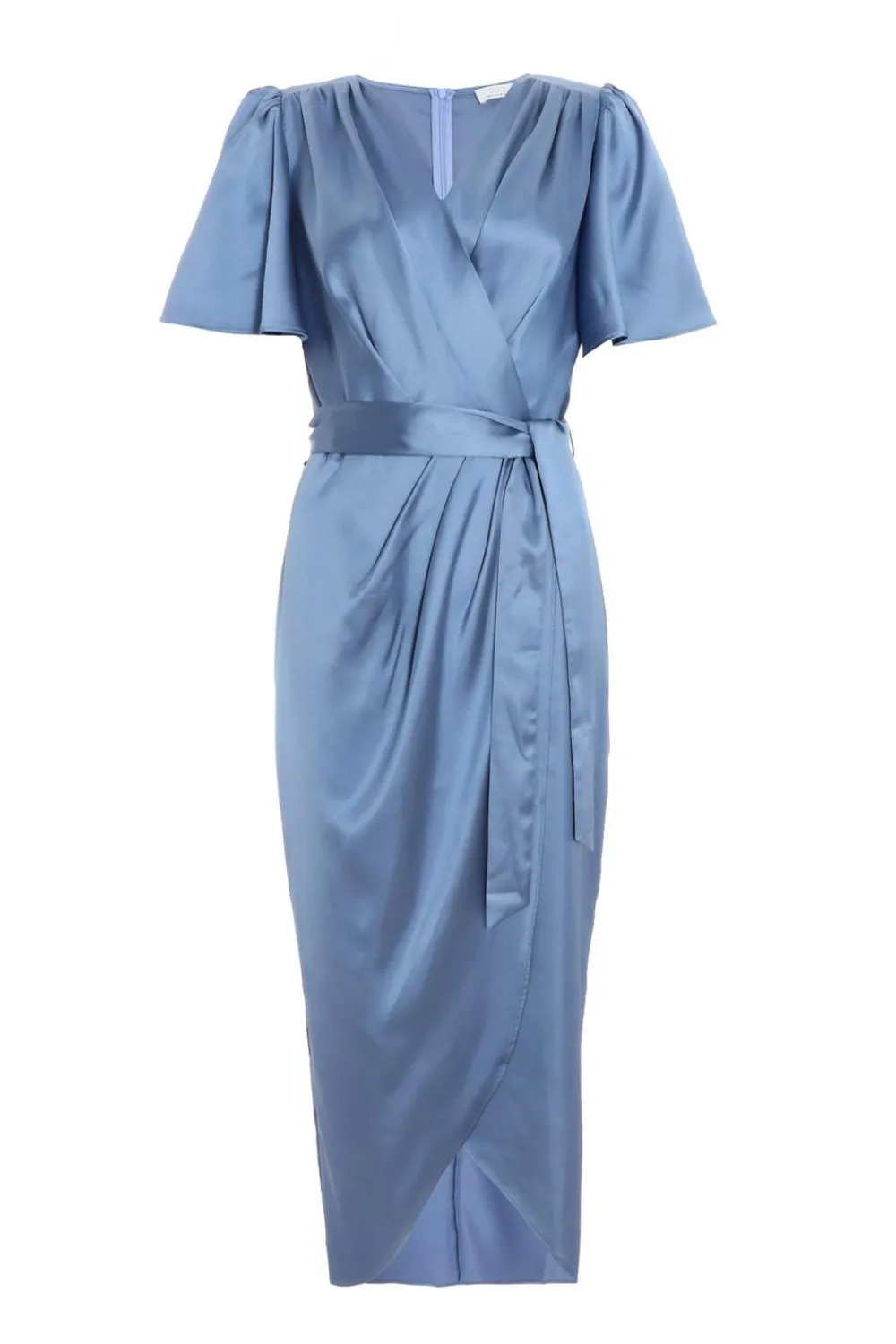Quiz Wrap Dresses|Wedding Guest Dresses>Blue Satin Wrap Ruched Midi Dress