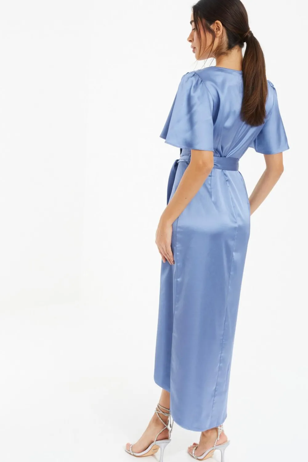 Quiz Wrap Dresses|Wedding Guest Dresses>Blue Satin Wrap Ruched Midi Dress