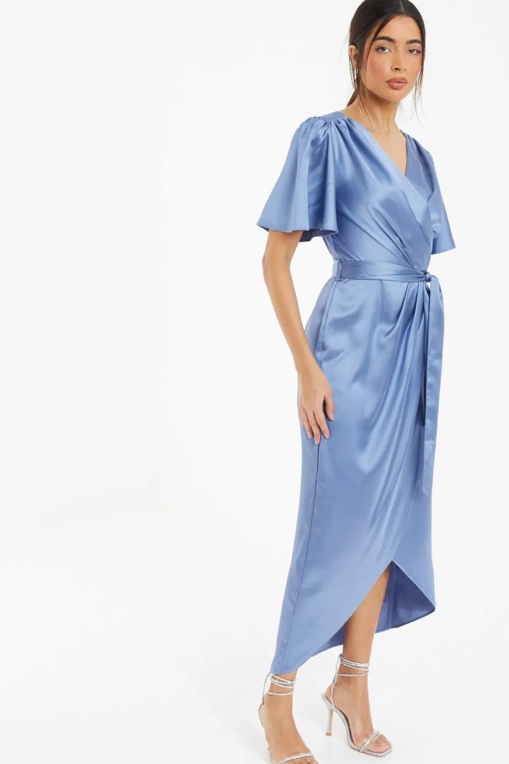 Quiz Wrap Dresses|Wedding Guest Dresses>Blue Satin Wrap Ruched Midi Dress