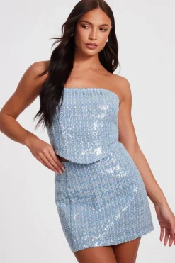 Quiz Summer Tops|Going Out Tops>Blue Sequin Denim Bandeau Top