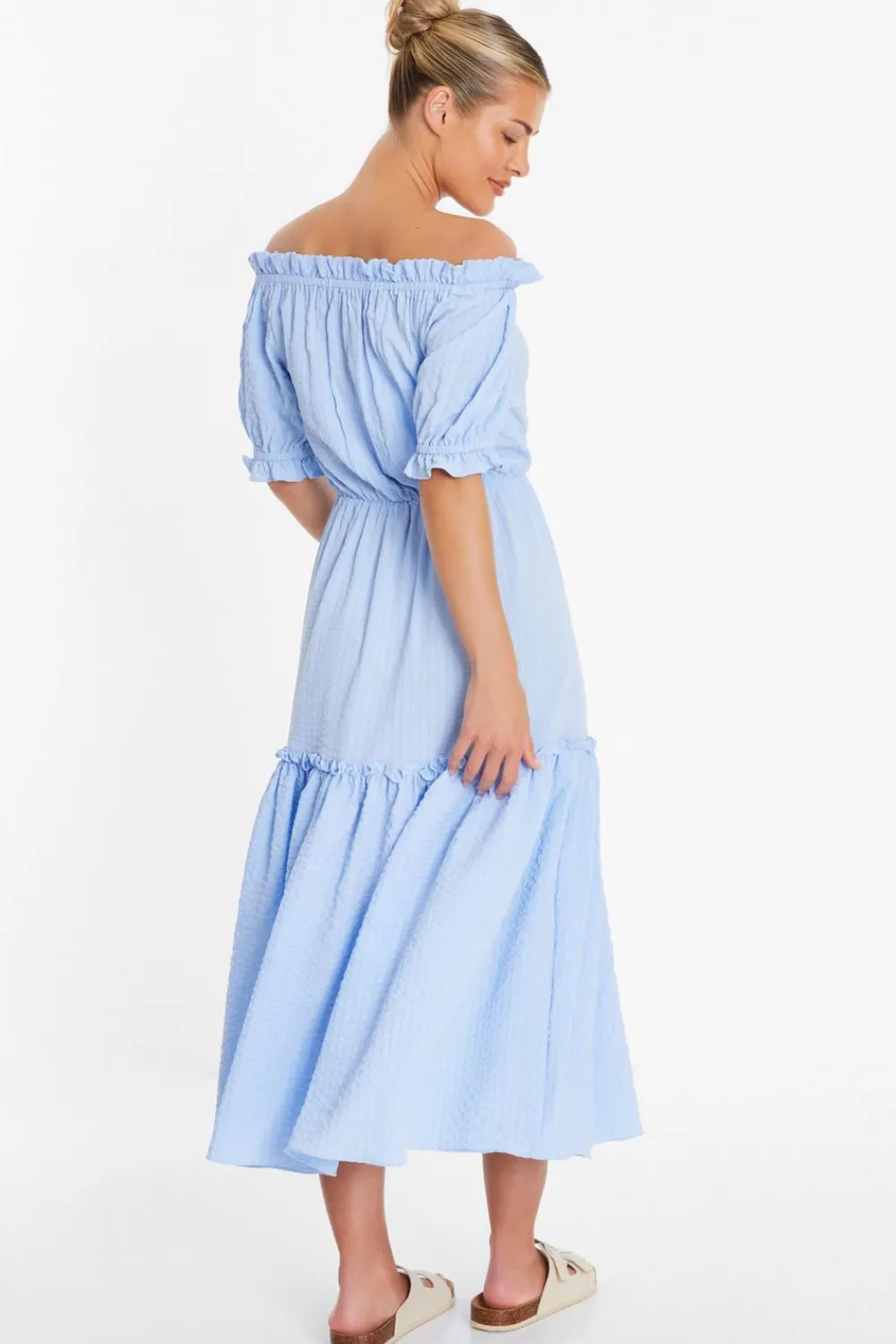 Quiz Summer Clothes|Holiday>Blue Textured Bardot Midi Dress