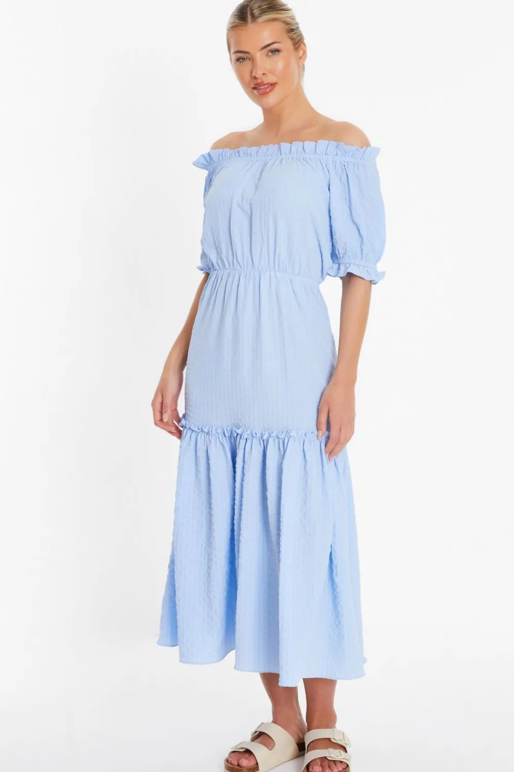 Quiz Summer Clothes|Holiday>Blue Textured Bardot Midi Dress