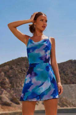 Quiz Playsuits|Summer Clothes>Blue Tie Dye Print Cowl Neck Mesh Playsuit