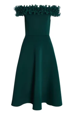 Quiz Wedding Guest Dresses|Ruffle Dresses>Bottle Green Bardot Ruffle Skater Midi Dress