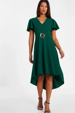 Quiz Christening Guest|Wedding Guest Dresses>Bottle Green Buckle Detail Midi Dress