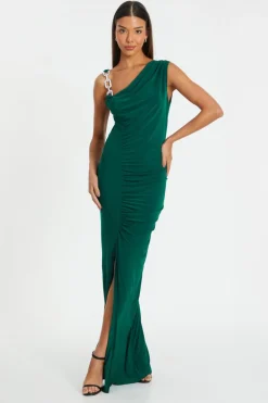 Quiz Evening Dresses|Occasion Dresses>Bottle Green Diamante Trim Maxi Dress