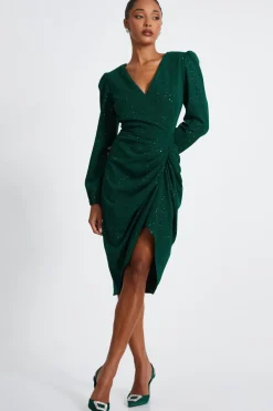 Quiz Christening Guest|Modest>Bottle Green Glitter Midi Dress