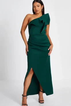 Quiz Prom Dresses|Prom & Ball>Bottle Green One Shoulder Maxi Dress