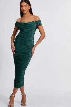Quiz Evening Dresses|Occasion Dresses>Bottle Green Shimmer Bardot Ruched Midi Dress