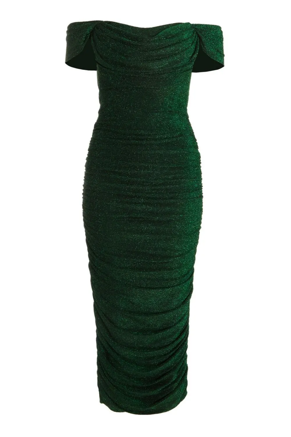 Quiz Evening Dresses|Occasion Dresses>Bottle Green Shimmer Bardot Ruched Midi Dress