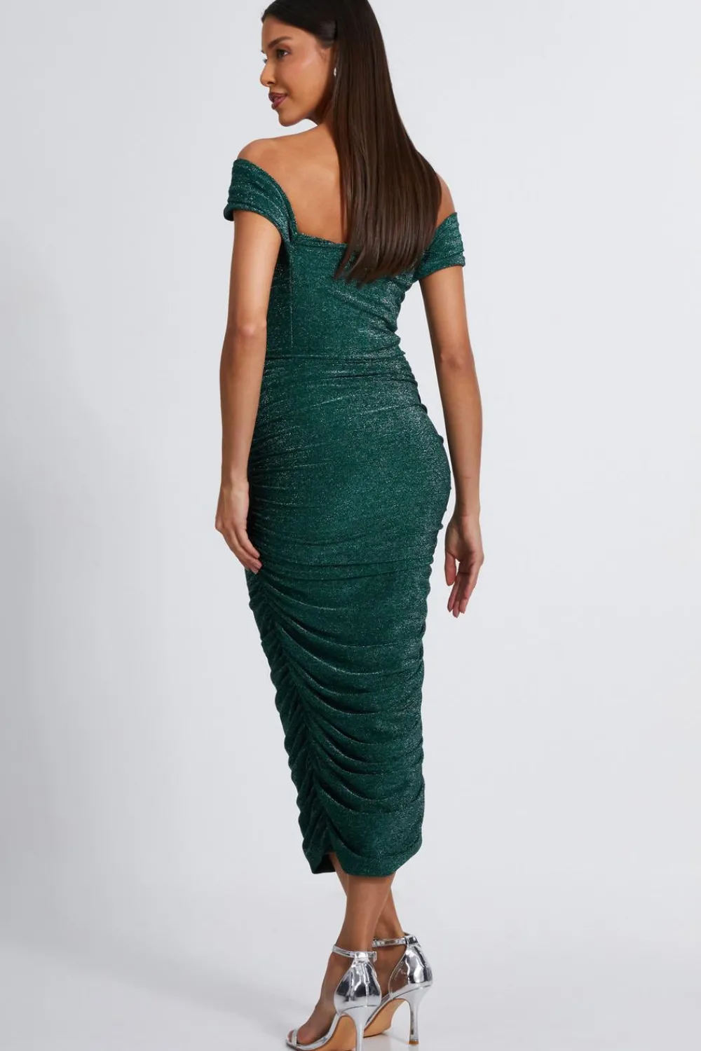 Quiz Evening Dresses|Occasion Dresses>Bottle Green Shimmer Bardot Ruched Midi Dress