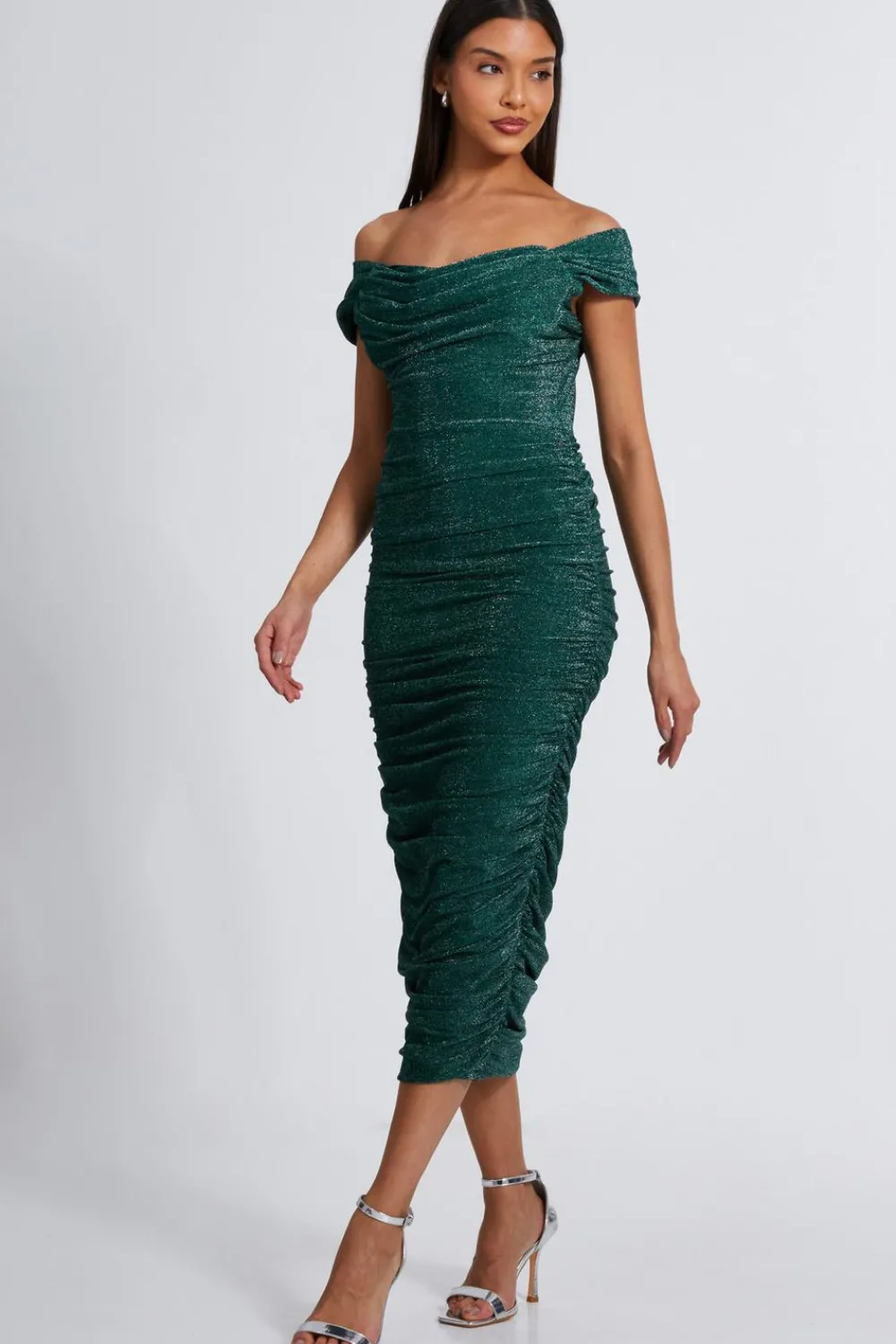 Quiz Evening Dresses|Occasion Dresses>Bottle Green Shimmer Bardot Ruched Midi Dress