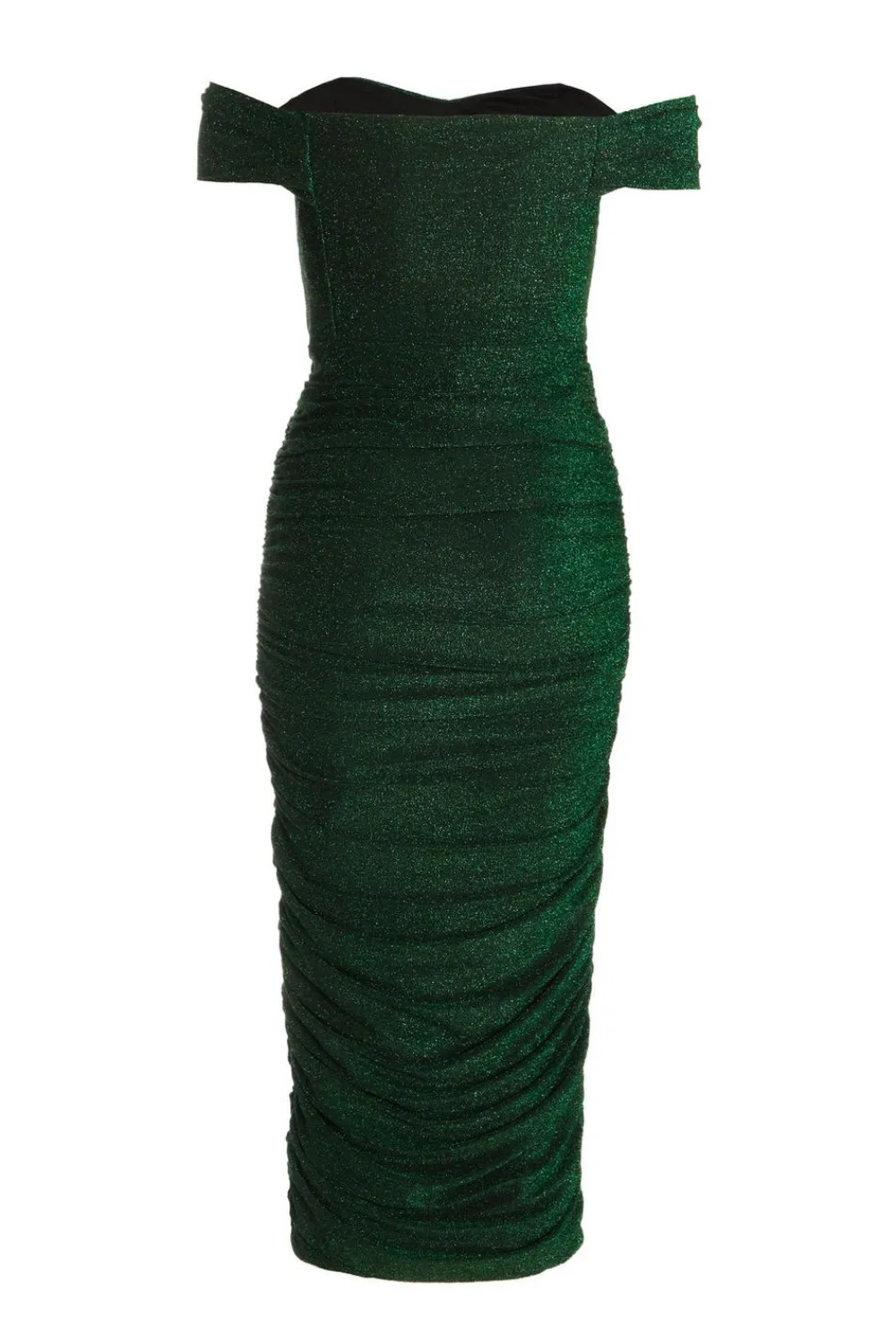 Quiz Evening Dresses|Occasion Dresses>Bottle Green Shimmer Bardot Ruched Midi Dress