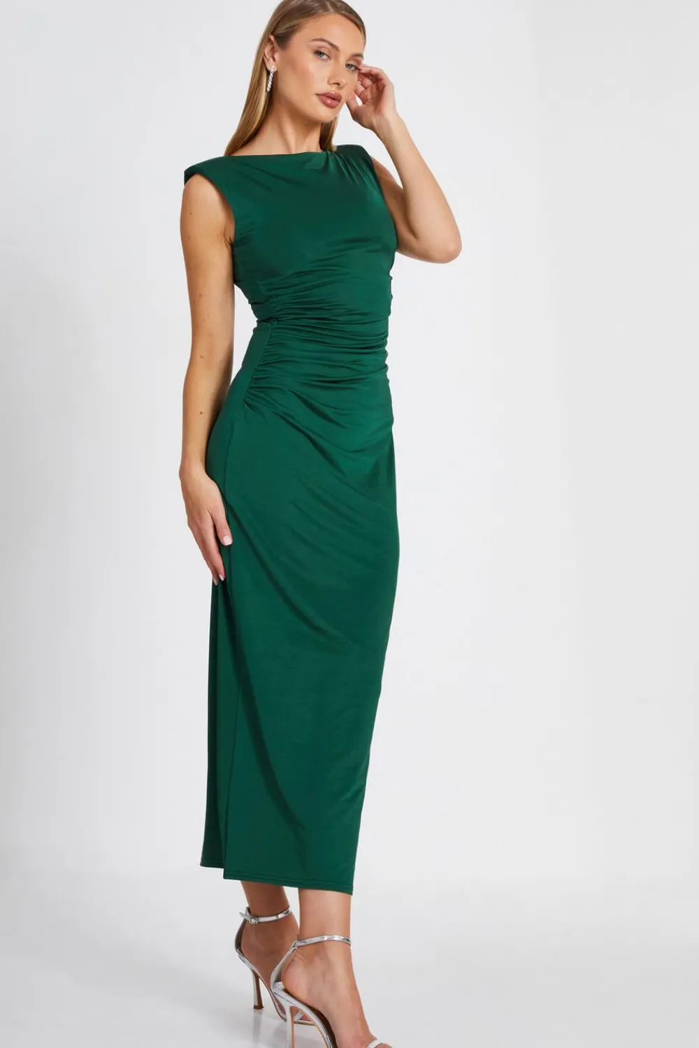 Quiz Midi Dresses|Maxi Dresses>Bottle Green Shoulder Pad Midaxi Dress