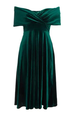 Quiz Prom & Ball|Evening Dresses>Bottle Green Velvet Bardot Midi Dress