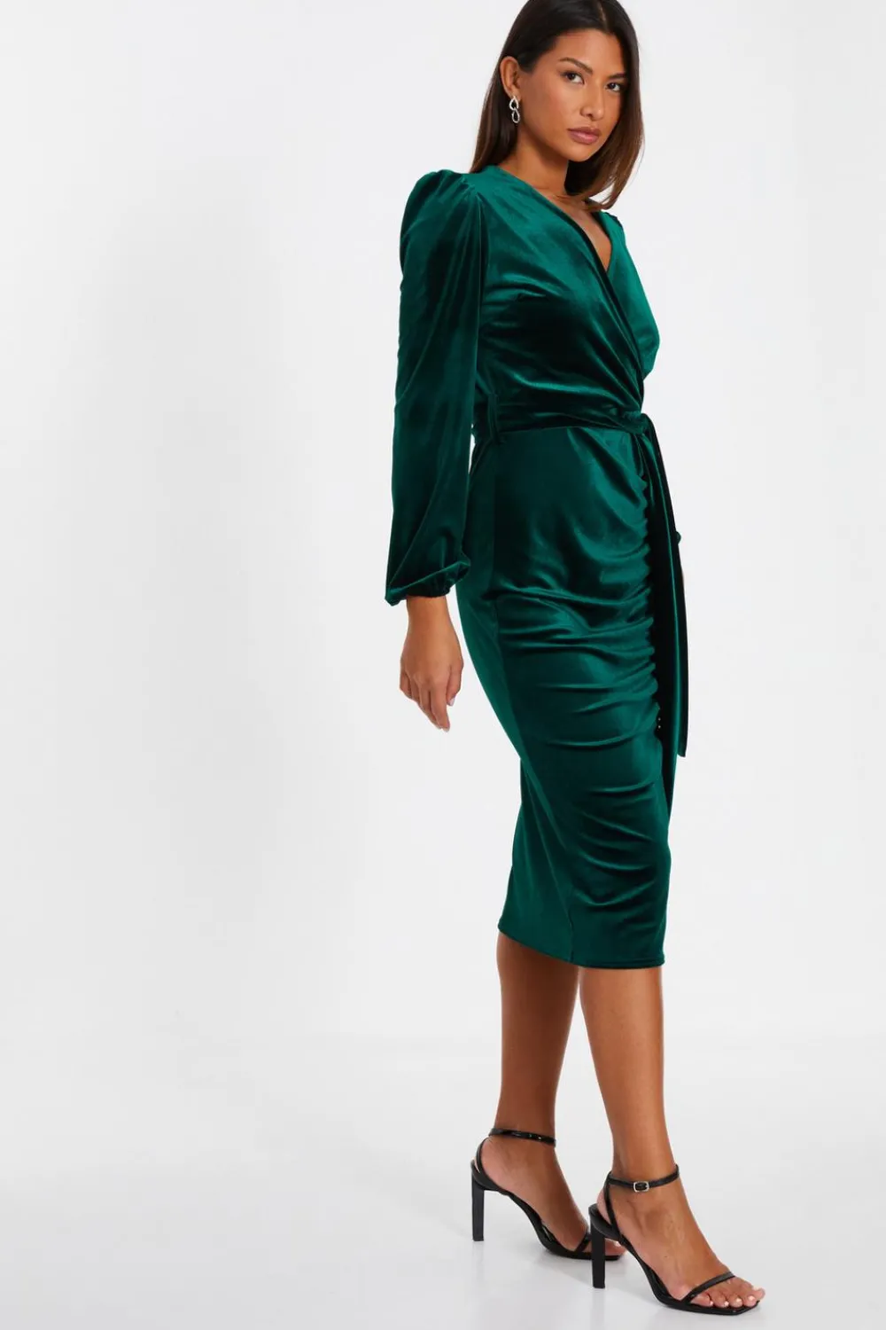 Quiz Evening Dresses|Wrap Dresses>Bottle Green Velvet Ruched Midi Dress
